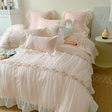 Gaeasapce  -  Pink French Princess Wedding Romantic Pleat Lace Ruffles Bedding Set Soft Cozy Korean Girls Duvet Cover Set Bed Sheet Pillowcase