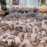 Gaeaspace  -  INS Double-sided Availability Pink Blue Cute Cat And Rabbit Bedding Set Duvet Cover Sheets With Pillowcases Full Size Bedroom