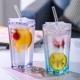 Gaeaspace  -  1set Glass Cup with Straw and Lid Five-Pointed Star Glass Color Gradient Mug Cold Drink Ice Coffee Mug Drinkware Desktop Decor