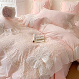 Gaeaspace  -  French Romantic Lace Patchwork Ruffles With Bow Decoration Bedding Set Soft Cozy Pink Girls Duvet Cover Set Bed Sheet Pillowcase