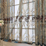 Gaeaspace  -  European Luxury Retro Rose Embroidery Tulle Curtain Blue Coffee Gradient Window Screen Grommet Top For Living Room and Bedroom