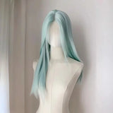 Gaeaspace  -  Mint Blue Green Fore Lace Long Straight Hair Center Split Bang Wig Women's Full Head pink gold wig