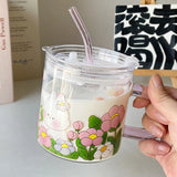 Gaeaspace  -  Kawaii Animal Glass Cup With Lid Straw Cute Flower Coffee Mug Milk Wine Hot Drinks Korean Water Juice Cup Drinkware Gift 600ml