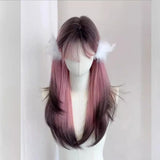 Gaeaspace  -  Synthetic Wavy Black Pink Highlights Women Wig with Bangs Lolita Cosplay Fluffy Heat Resistant Wig for Daily Party