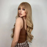 Gaeaspace  -  Long Ginger Strawberry Blonde Natural Wavy layered Wig with Bangs For Woman/ Heat Resistant Synthetic Wig/  Natural look hairs