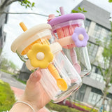 Gaeaspace  -  Kawaii Flower Glass Cup Aesthetic With Lid Straw Infuser Glass Bottle Tumbler For Water Tea Juice Vintage Drinking Bottle 600ml