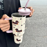 Gaeaspace  -  1200ml Kawaii Puppy Thermos Mug Tumbler For Ice Coffee Water Tea Large Cute Stainless Steel Car Thermal Cups With Straw Handle