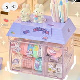 Gaeaspace  -  Transparent Desktop Storage Box Creative Small House Pen Holder Student Kawaii Stationery Cosmetic Organizer Rack Drawer Cute