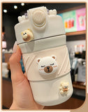 Gaeaspace  -  450ML Cute Bear Double Drink Thermos Coffee Mug With Straw Portable Stainless Steel Tumbler Insulated Cup Bottle For Kids Girls