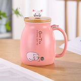 Gaeaspace  -  1pc 420ml Cartoon Cat Ceramic Mug Portable Coffee Cup With Wooden Lid And Stainless Steel Spoon Handle Drinking Cup For Home