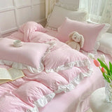 Gaeaspace  -  Korean Princess Style Duvet Cover Set No Filling Pink Blue Soft Washed Cotton Girls Favorite Ruffles Bed Linen Pillowcases