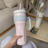 Gaeaspace  -  Kawaii Tumbler Thermos Cup For Coffee Tea Juice 1250ml Sainless Steel Thermal Cup With Handle Straw Car Mug Gym Water Bottle