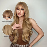 Gaeaspace  -  Long Ginger Strawberry Blonde Natural Wavy layered Wig with Bangs For Woman/ Heat Resistant Synthetic Wig/  Natural look hairs