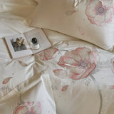 Gaeaspace  -  Delicate Embroidered Flowers 300TC AUS Cotton Bedding Set Bed Sheet Set Pillowcase Duvet Cover 4Pcs (Queen King Size,White/Pink)