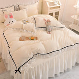 Gaeaspace  -  Korean Girl Heart Solid Color Bedding Set Cute Princess Style Cotton Bed Skirt Full Queen Size Flat Sheet Quilt Cover Pillowcase