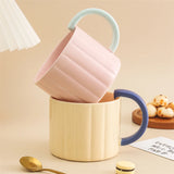 Gaeaspace  -  Korean Style Ins Macaron Color Mug Simple Niche Design Vertical Pattern Ceramic Cup with Handle Coffee Cup Spoon suit