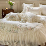 Gaeaspace  -  1200TC Egyptian Cotton Romantic French Wedding Bedding Set Lace Ruffles Flower Embroidery Duvet Cover Set Bed Sheet Pillowcases