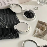 Gaeaspace  -  Mini Silver Folding Comb with Makeup Mirror Women Girl Portable Round Small Travel Massage Hair Brush Hair Styling Accessories