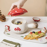 Gaeaspace  -  Red Mushroom Handle Bowl with Lid Creative Ceramic Breakfast Fruit Dessert Plate Creative Mushroom Salad Bowl Spoon Cutlery New