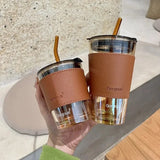 Gaeaspace  -  350/450ml Coffee Straw Cup With Lid Heat-Resistant Water Bottle Beer Drinkware Coffee Mug With Straw Deer Printed Leather Glass