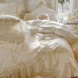 Gaeaspace  -  Egyptian Cotton Wedding Bedding Set, Romantic French Lace Ruffles, Flowers Embroidery, Duvet Cover, Bed Sheet, Pillowcases