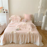 Gaeasapce  -  Pink Romantic French Wedding Lace Ruffles Bow Summer quilt Soft Cozy Comforter Bed Sheet Pillowcases Korean Princess Bedding Set