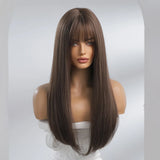 Gaeaspace  -  New best-selling natural bangs brown fluffy Korean style long hair straight hair fashionable wigs synthetic fibers wigs