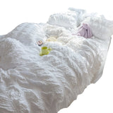 Gaeaspace  -  White Ruffled Seersucker Duvet Cover Set for Girls, Soft Princess Bedding Set with Bed Sheet, Pillowcases, 3 Pcs, 4Pcs