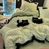 Gaeaspace  -  milk green Strip Cat Embroidery, Washing Cotton Four PIECE Set, cute cardboard bedding, Three PIECE set for Student dormitories