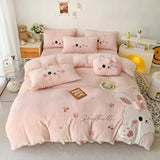 Gaeaspace  -  Pink Cute Cartoon Rabbit Applique Embroidery Bedding Set Velvet Fleece Duvet Cover Bed Sheet Fitted Sheet Bed Skirt Pillowcases