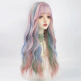 Gaeaspace  -  Synthetic Long Wavy Rainbow Wigs With Bangs Lolita Cosplay For Women Heat Resistant Wig for Daily Party