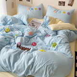 Gaeaspace  -  Cartoon Embroidery Bedding Sets Washed Cotton Four Piece Set Children's Bedroom Decor Duvet Cover Pillowcase Bedspread Bed Cover