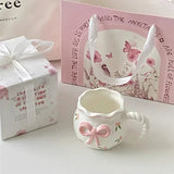 Gaeaspace  -  Irregular Handmade Relief Pink Bow Coffee Ceramic Cup Gift Water Cup Kawaii Cup