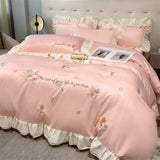 Gaeaspace  -  Flower Embroidery Lace Ruffles Bedding Set Skin-friendly Washed Cotton Princess Style Wedding Duvet Cover Bed Sheet Pillowcases