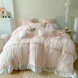 Gaeasapce  -  Pink French Princess Wedding Romantic Pleat Lace Ruffles Bedding Set Soft Cozy Korean Girls Duvet Cover Set Bed Sheet Pillowcase