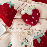 Gaeaspace  -  Cute Strawberry Flowers Applique Soft Velvet Fleece Bedding Set Short Plush Warm Queen King Duvet Cover Set Bed Sheet Pillowcase