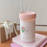 Gaeaspace  -  600ml Kawaii Glass Bottle For Water Coffee Drinks BPA Free Clear Milk Juice Bubble Tea Glass Cup With Lid And Straw  Girl  Gift