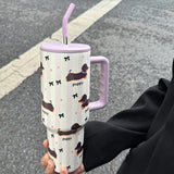 Gaeaspace  -  1200ml Kawaii Puppy Thermos Mug Tumbler For Ice Coffee Water Tea Large Cute Stainless Steel Car Thermal Cups With Straw Handle