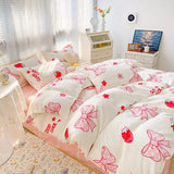 Gaeaspace  -  Kawaii Washed Cotton Bedding Set For Kids Girls Cute Print Duvet Cover Single Full Queen Size Flat Bed Sheets And Pillowcases