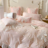 Gaeaspace  -  French Romantic Lace Patchwork Ruffles With Bow Decoration Bedding Set Soft Cozy Pink Girls Duvet Cover Set Bed Sheet Pillowcase