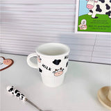 Gaeaspace  -  Korean-style Striped Ins Simple Cute Mug Cartoon Cow Household Heat-resistant Ceramic Cup with Lid and Spoon for Breakfast