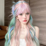 Gaeaspace  -  26 Inch Iridescent Rainbow Color Multicolour Synthetic Wigs with Bang Long Water Wave Hair Wig for Women Cosplay Heat Resistant