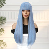 Gaeaspace  -  Gray Blue Long Straight Wig with Bangs Natural Thermal Synthetic Wig Bachelorette Party Wig for Women Girls Music Festival Party