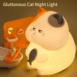 Gaeaspace  -  Gluttonous Cat Night Light Rechargeable Silicone Touch Patting Lamp Fun Cat and Fish Lamp Animal Light Bedside Desktop Decor