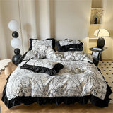 Gaeaspace  -  Washed Cotton Bedding Sets With Lace Black Printed Four Piece Set Bedroom Decor Duvet Cover Pillowcase Bedspread Bed Cover Sets