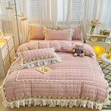 Gaeasapce  -  Pink Korean Princess Style Bedding Set Flowers Lace Ruffles Embroidery Quilted Thick Duvet Cover Bedspread Bed Skirt Pillowcases