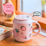 Gaeaspace  -  1pc 400ml Cute Fruits Mugs Creative Can Cartoon Ceramic Mug With Straw Lid Milk Tea Mug Office Home Travel Coffee Water Cup