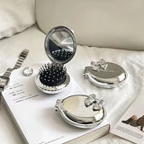 Gaeaspace  -  Mini Silver Folding Comb with Makeup Mirror Women Girl Portable Round Small Travel Massage Hair Brush Hair Styling Accessories