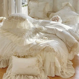 Gaeaspace  -  Egyptian Cotton Wedding Bedding Set, Romantic French Lace Ruffles, Flowers Embroidery, Duvet Cover, Bed Sheet, Pillowcases