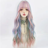 Gaeaspace  -  Synthetic Long Wavy Rainbow Wigs With Bangs Lolita Cosplay For Women Heat Resistant Wig for Daily Party